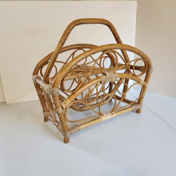 Vintage Other - Vintage Bamboo Book Storage Basket Magazine Rack 1970s 70s Boho Home Decor Hippy